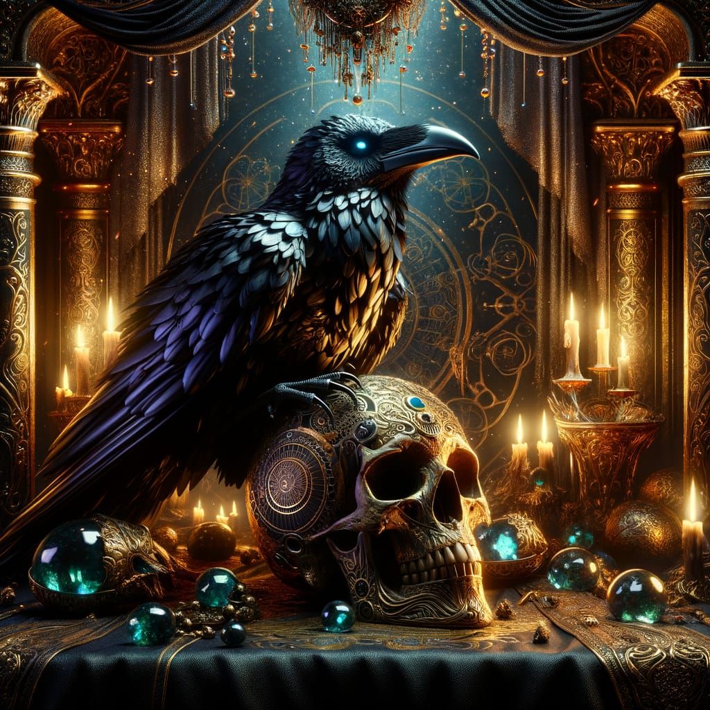 Raven on Skull in Gothic Art Nouveau Chamber