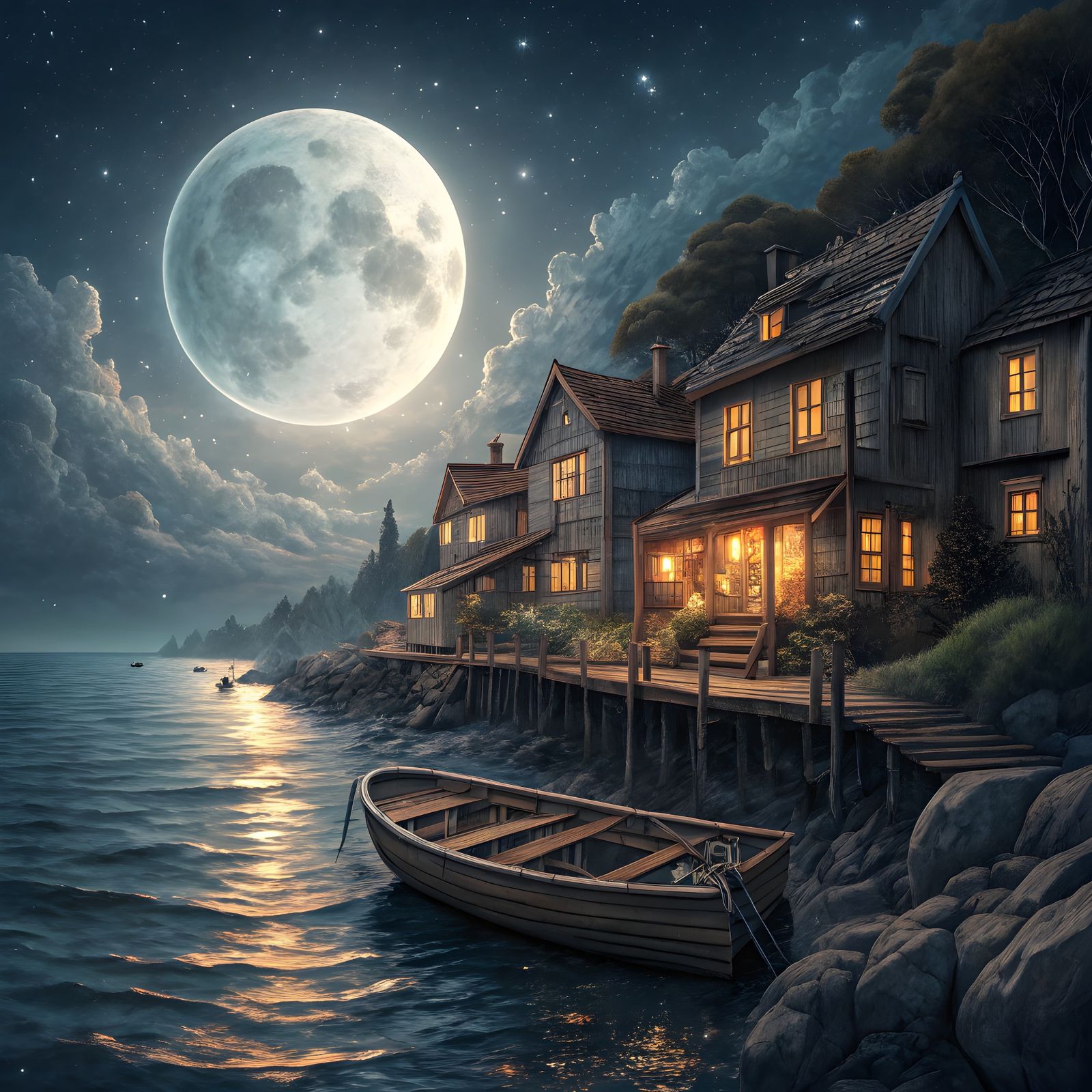 Moonlit Seaside Village at Night