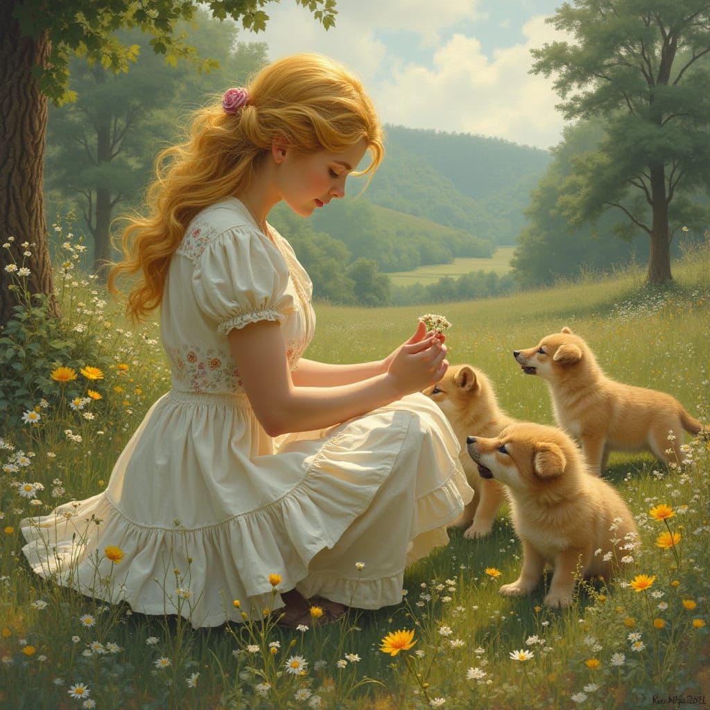 Woman and Wolf Pups in Hyperrealistic Woodland Scene