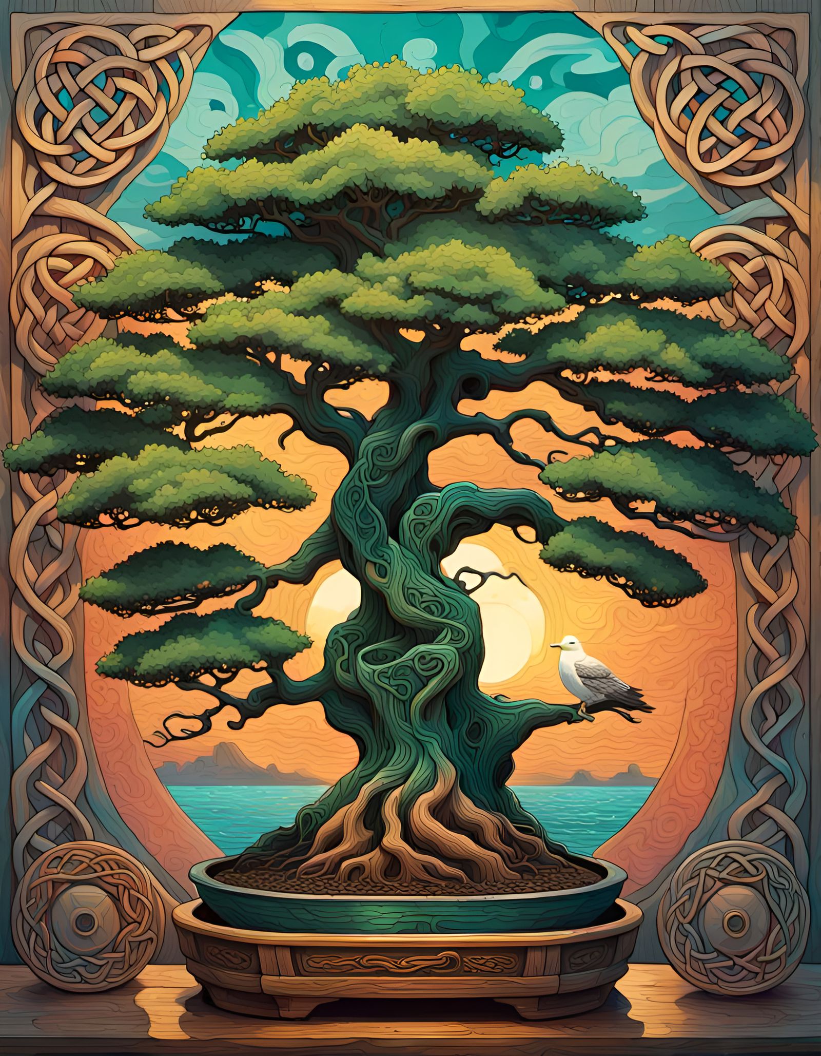 Celtic Oak Bonsai Poster with seagull