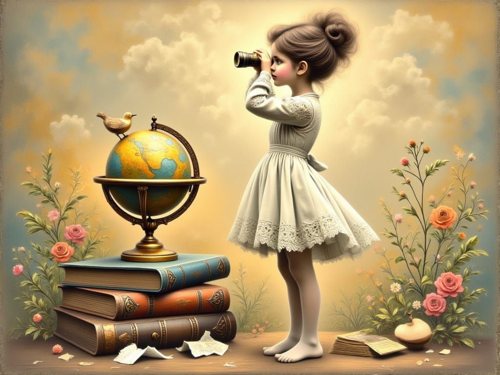 Elegant Young Girl in Vintage Attire with Artistic Accoutrem...