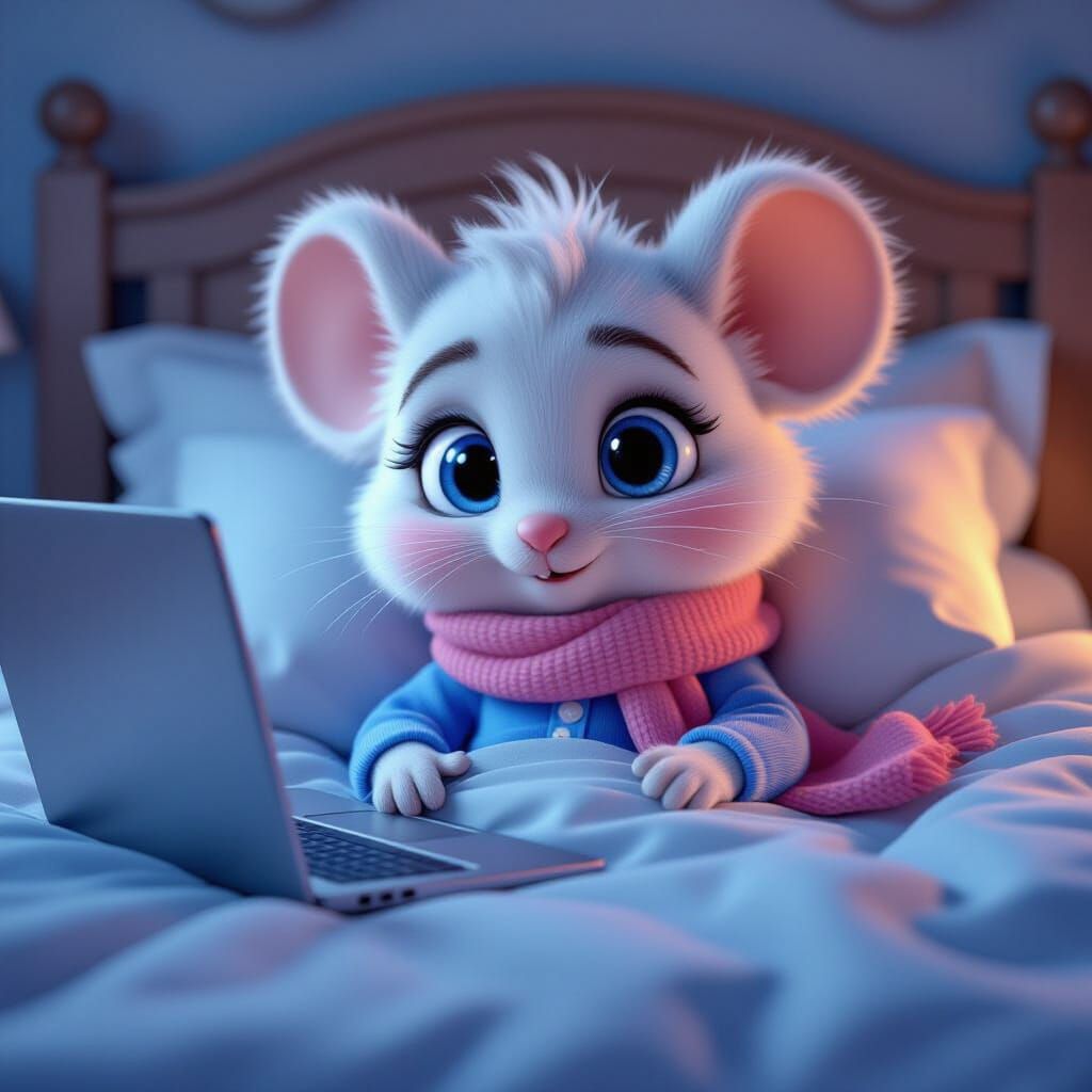 Cute Fluffy Mouse Lying Ill in Bed with Laptop