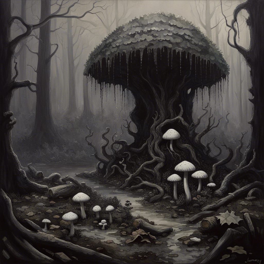 Eerie Gothic Forest at Night as Oil Painting