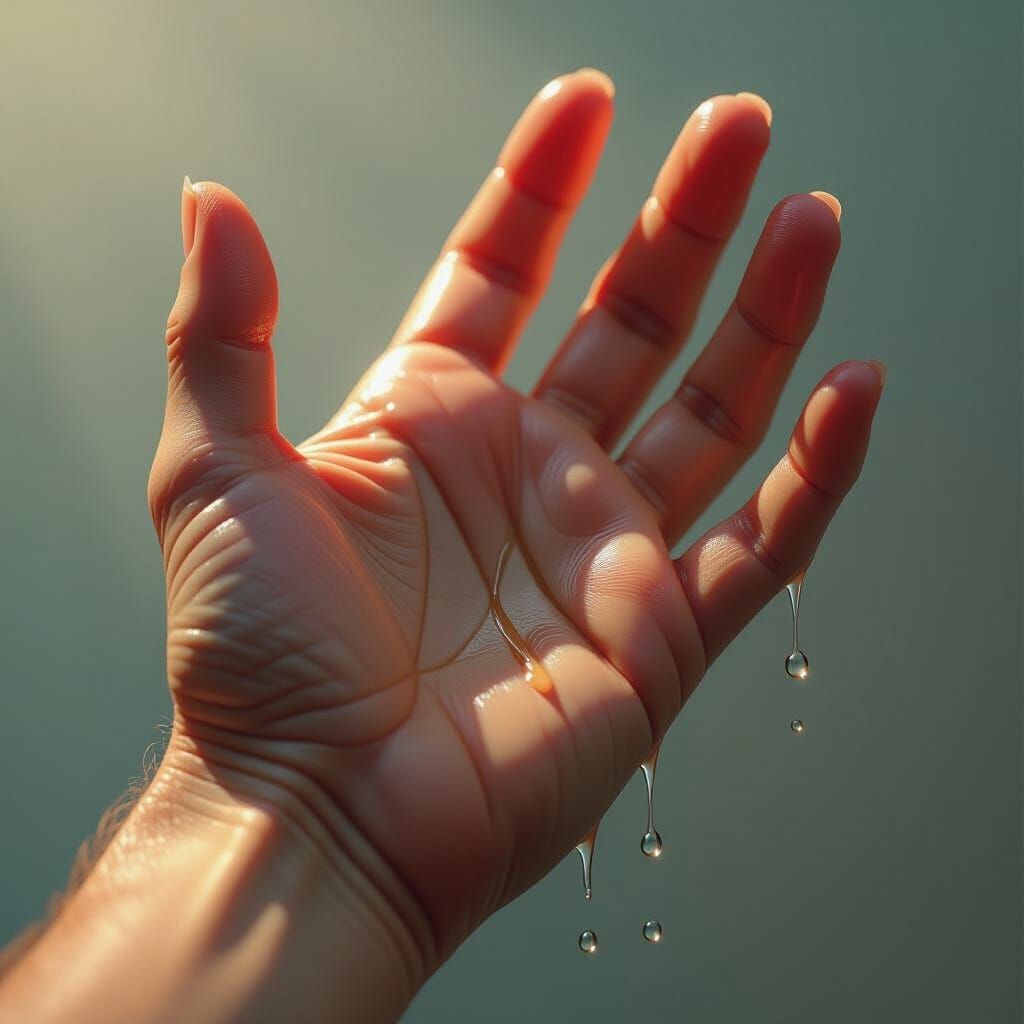 Hyperrealistic Sweat on Palm Skin Pores, Dramatic Lighting