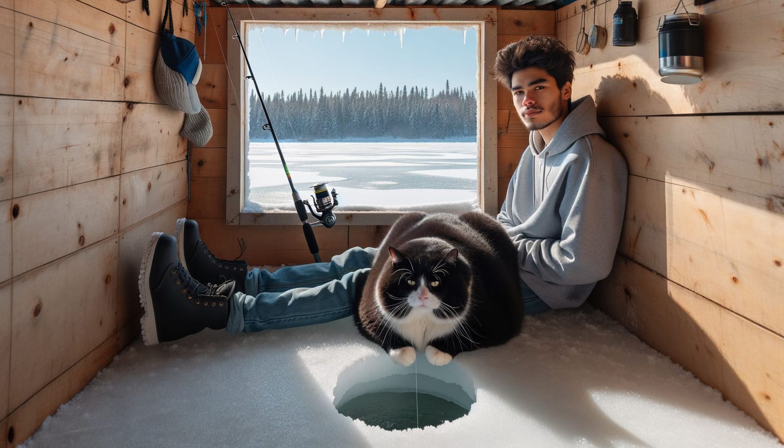 Man Ice Fishing with Tuxedo Cat in Cozy Hut