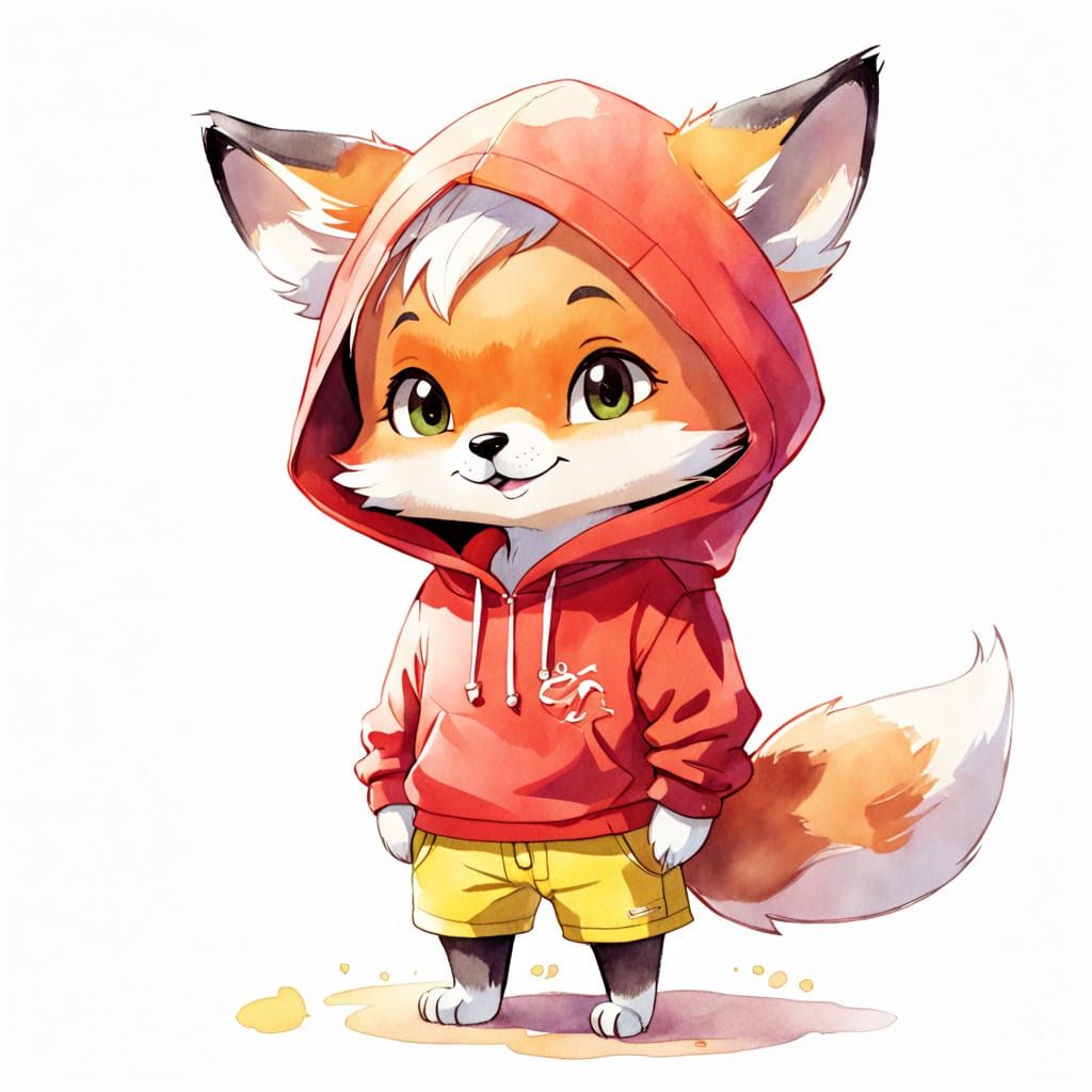 Whimsical Watercolor Cartoon of Smiling Fox Cub