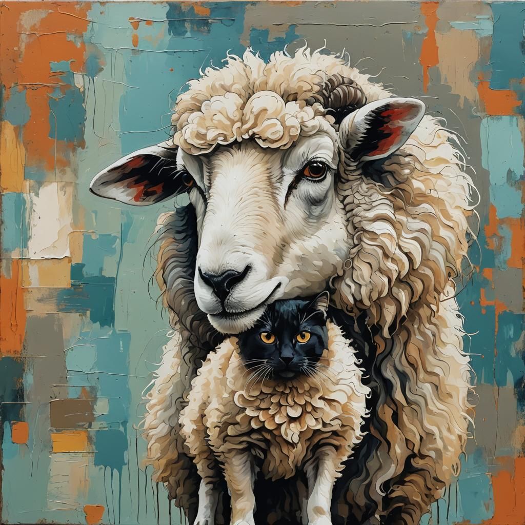 Abstract Sheep Holding Cat with Fine Details