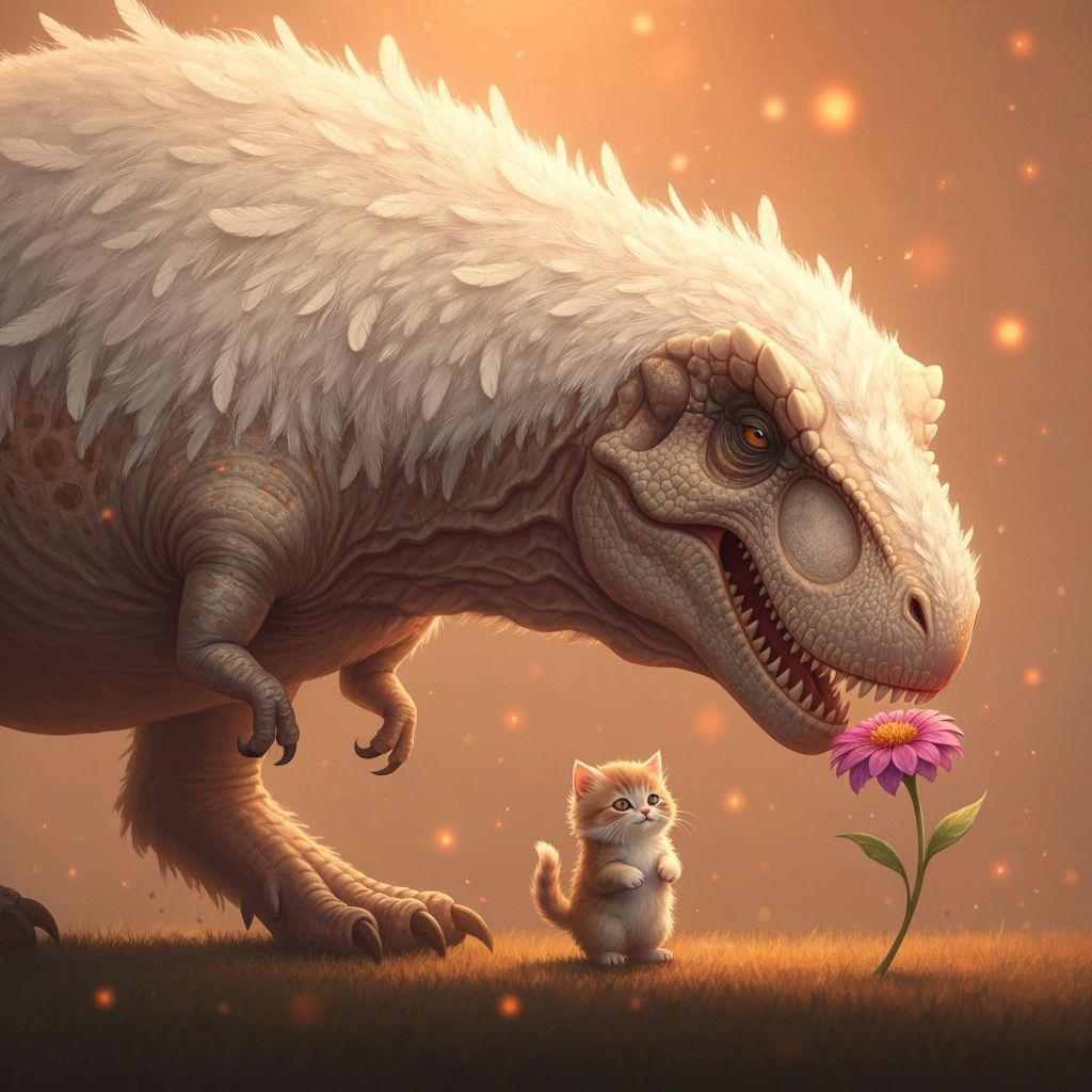 Fluffy T-Rex Sniffs Flower with Kitten in Whimsical Style