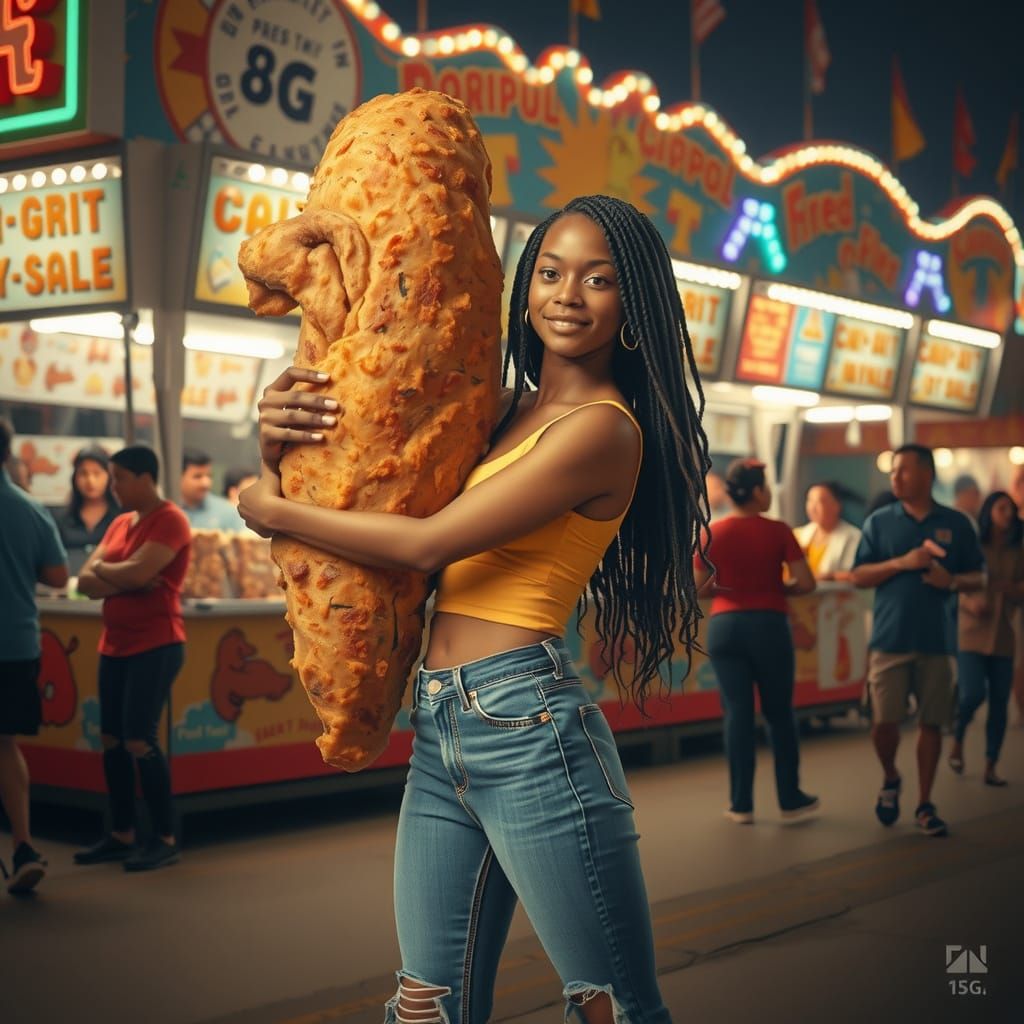 African American Woman Holds Giant Fried Chicken at Night Fa...