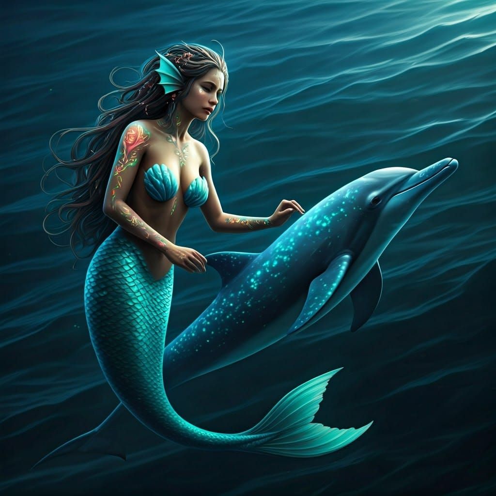 Mermaid Tattooing Dolphin in High-Contrast Ocean Scene