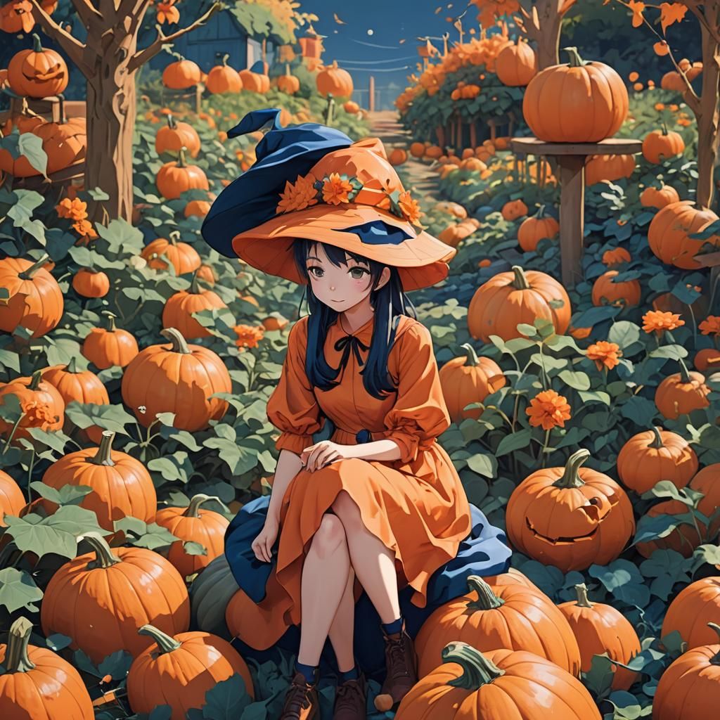 Anime Girl in Pumpkin Garden, Cel-Shaded Illustration