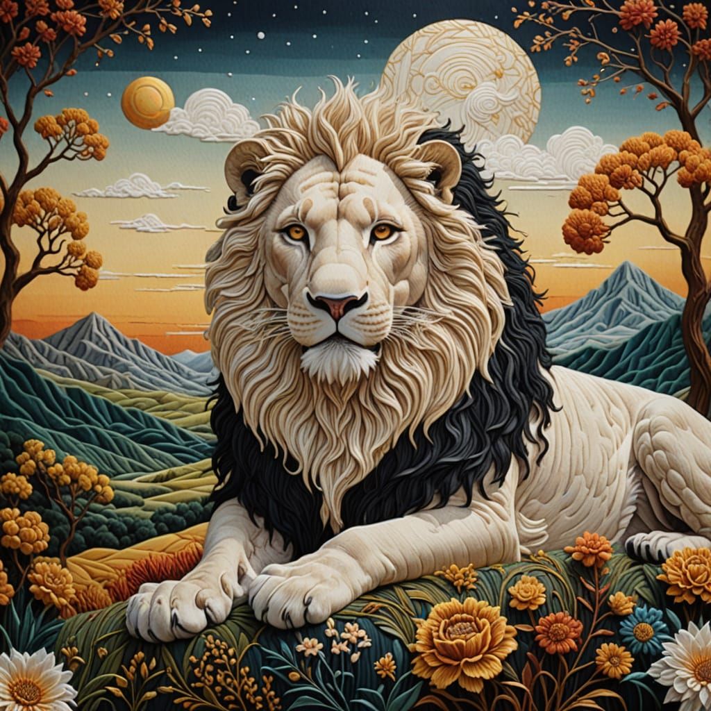 Regal Fabric Lion Standing on Luxurious Textile Landscape