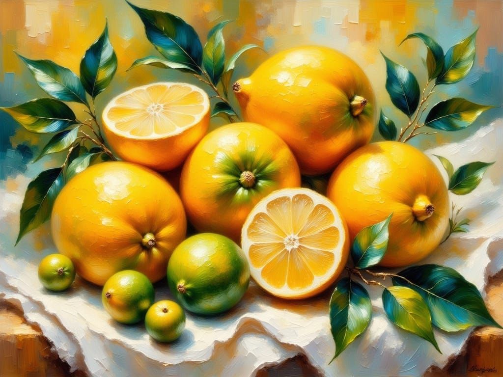 Lemons in a Gauguin-Inspired Impressionist Oil Painting