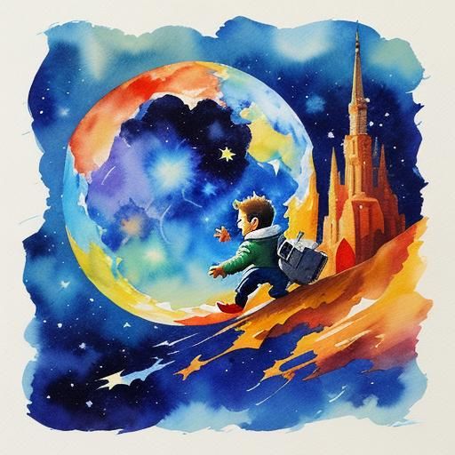 Little Peter's Moon Journey in Gouache Style