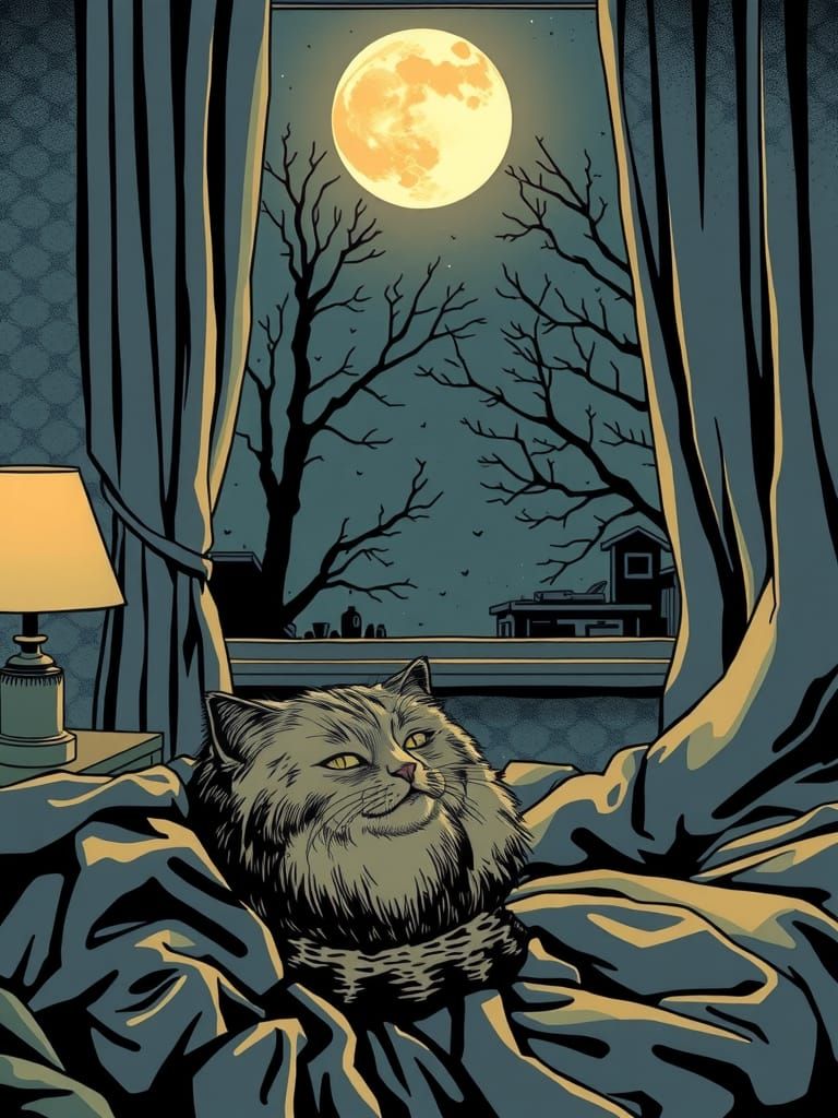 Cat Gazing Out Window in Woodcut Style