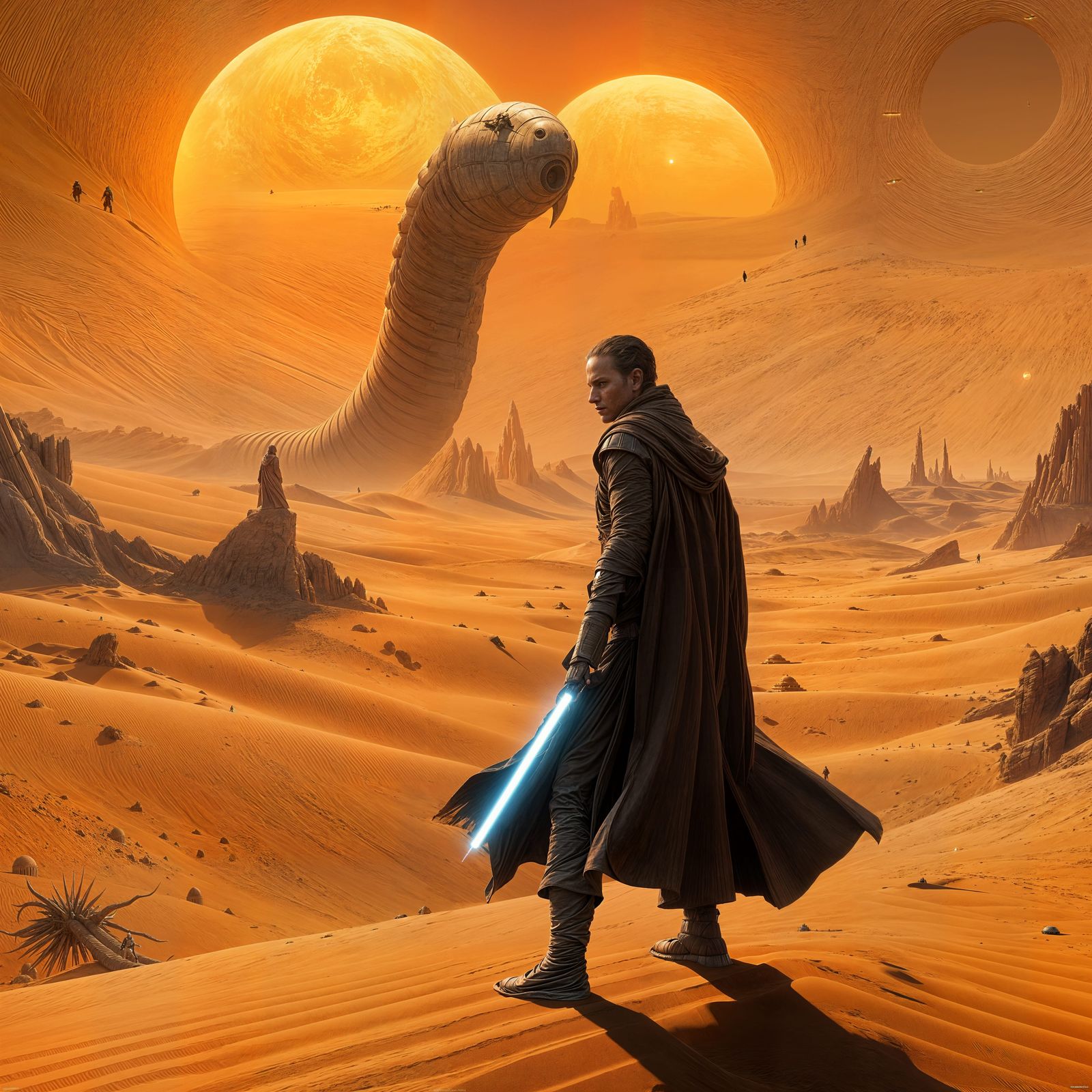 Jedi Knight Battles Colossal Sandworm on Dune Planet Arrakis