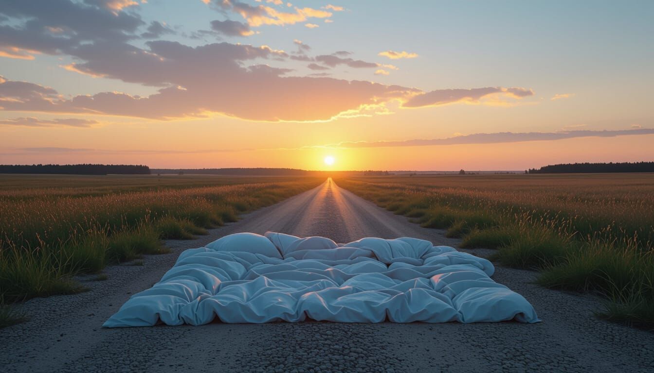 Surreal Bed on Desolate Road in Dystopian Style