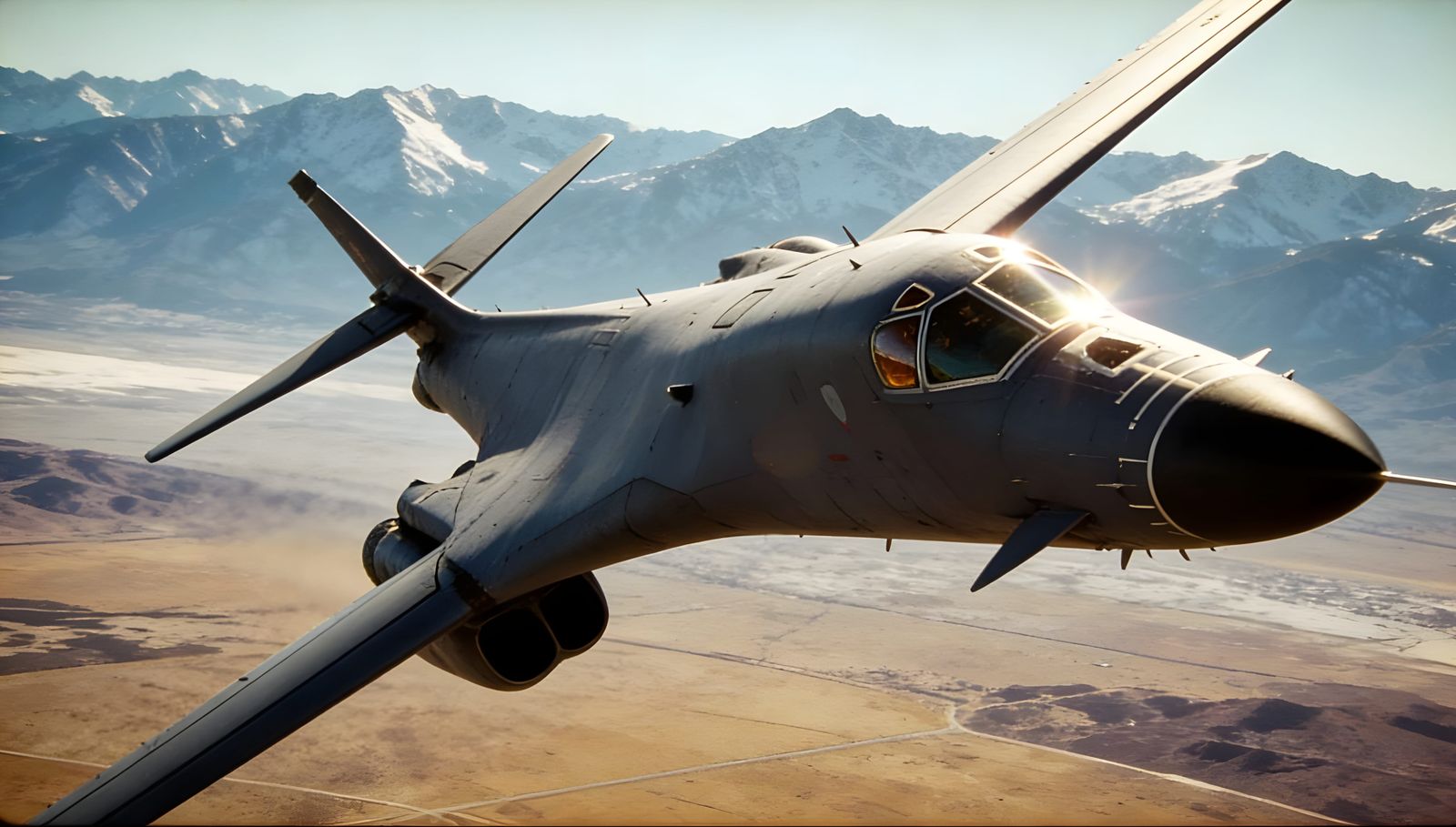 B1 Lancer Bomber Flying Over Rocky Mountains