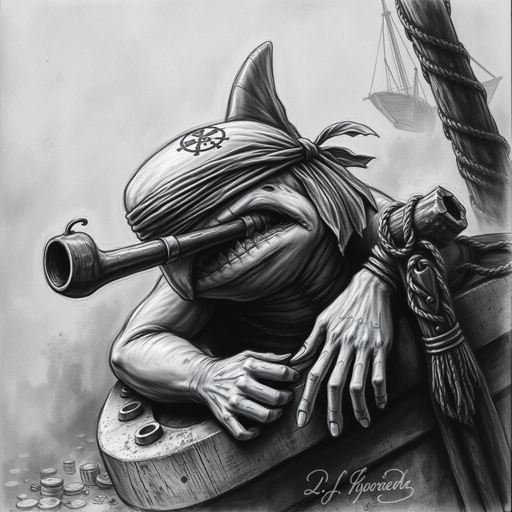 Pirate Shark with Pipe in Dark Charcoal Style