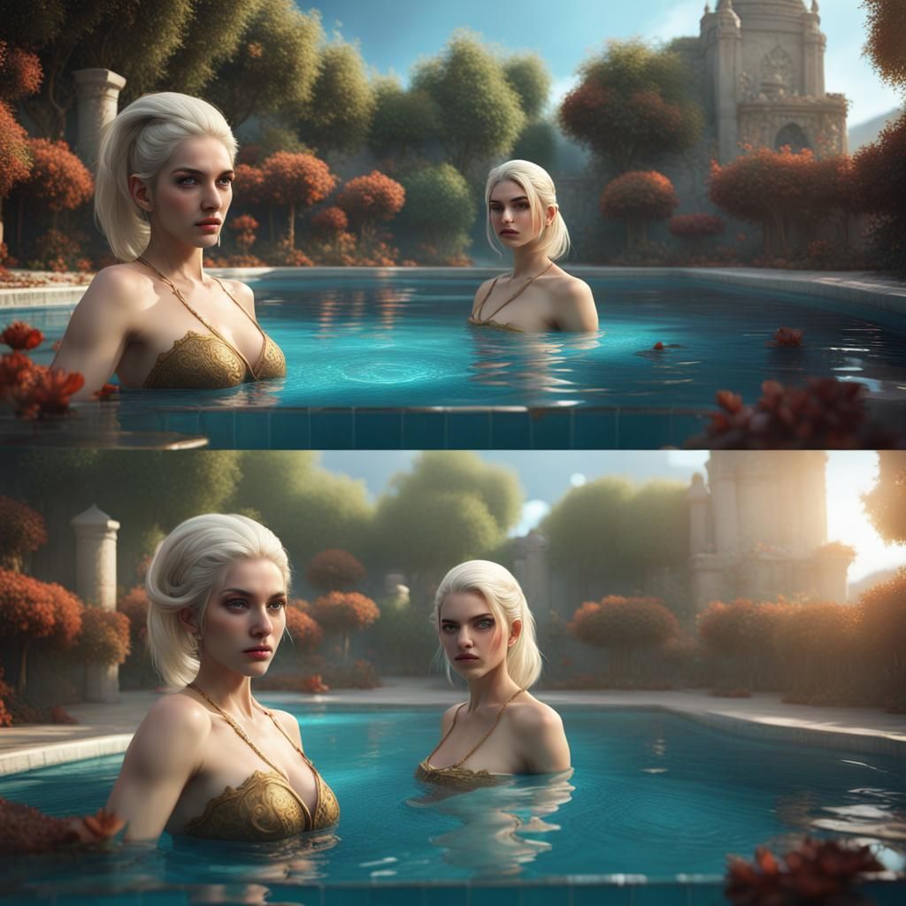 Beautiful Blonde Woman in Pool: Fantasy Concept Art