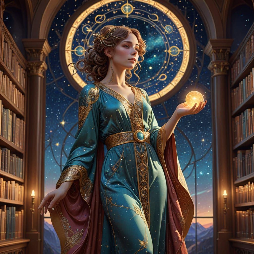 Celestial Librarian in Art Nouveau Galaxy Library