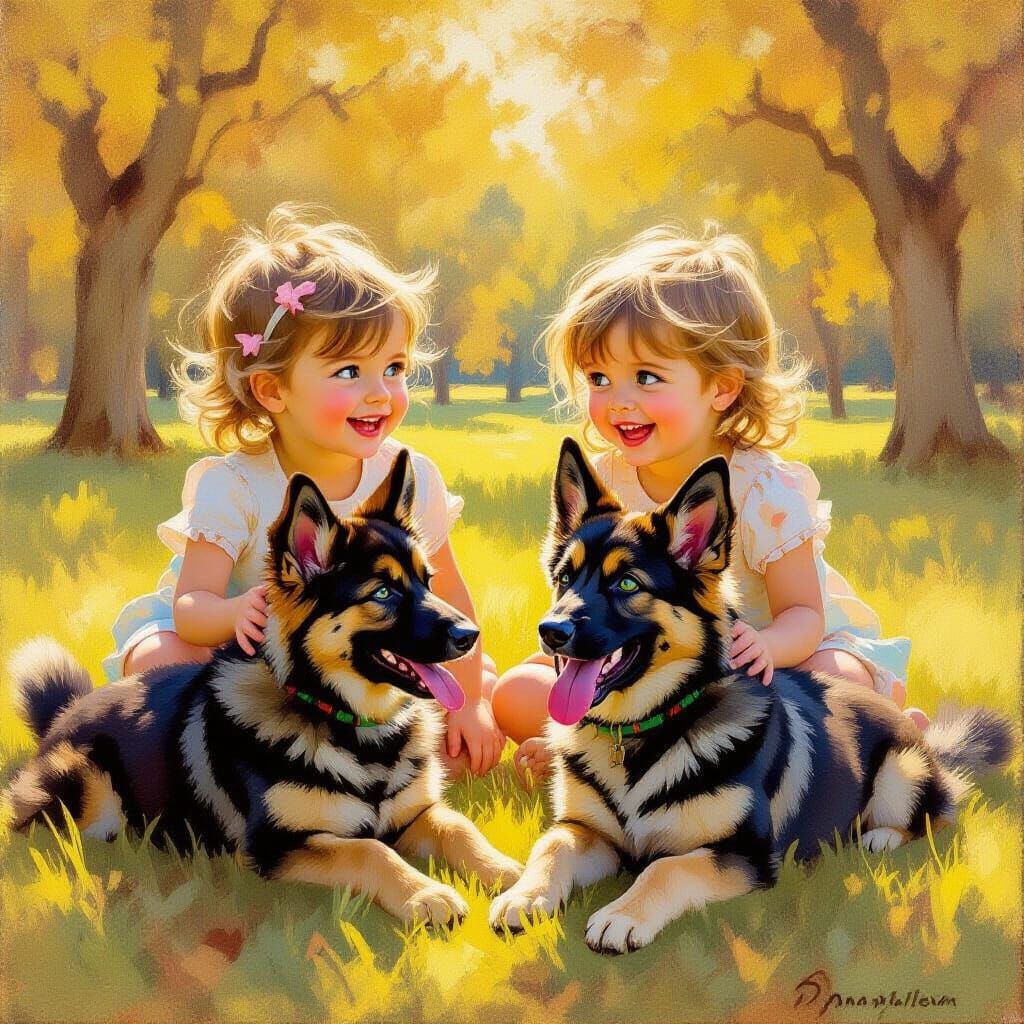 Children Playing with German Shepherds in Park