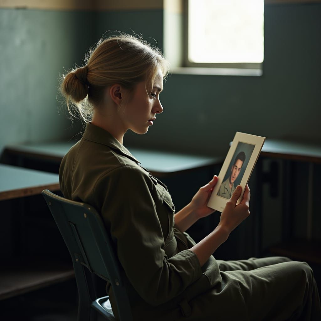 Wistful Soldier Gazes at Husband's Photo in Barracks