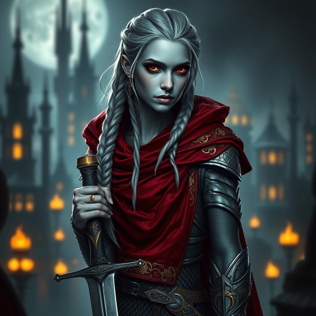 Drow Maiden with Sword in Fantasy Cityscape