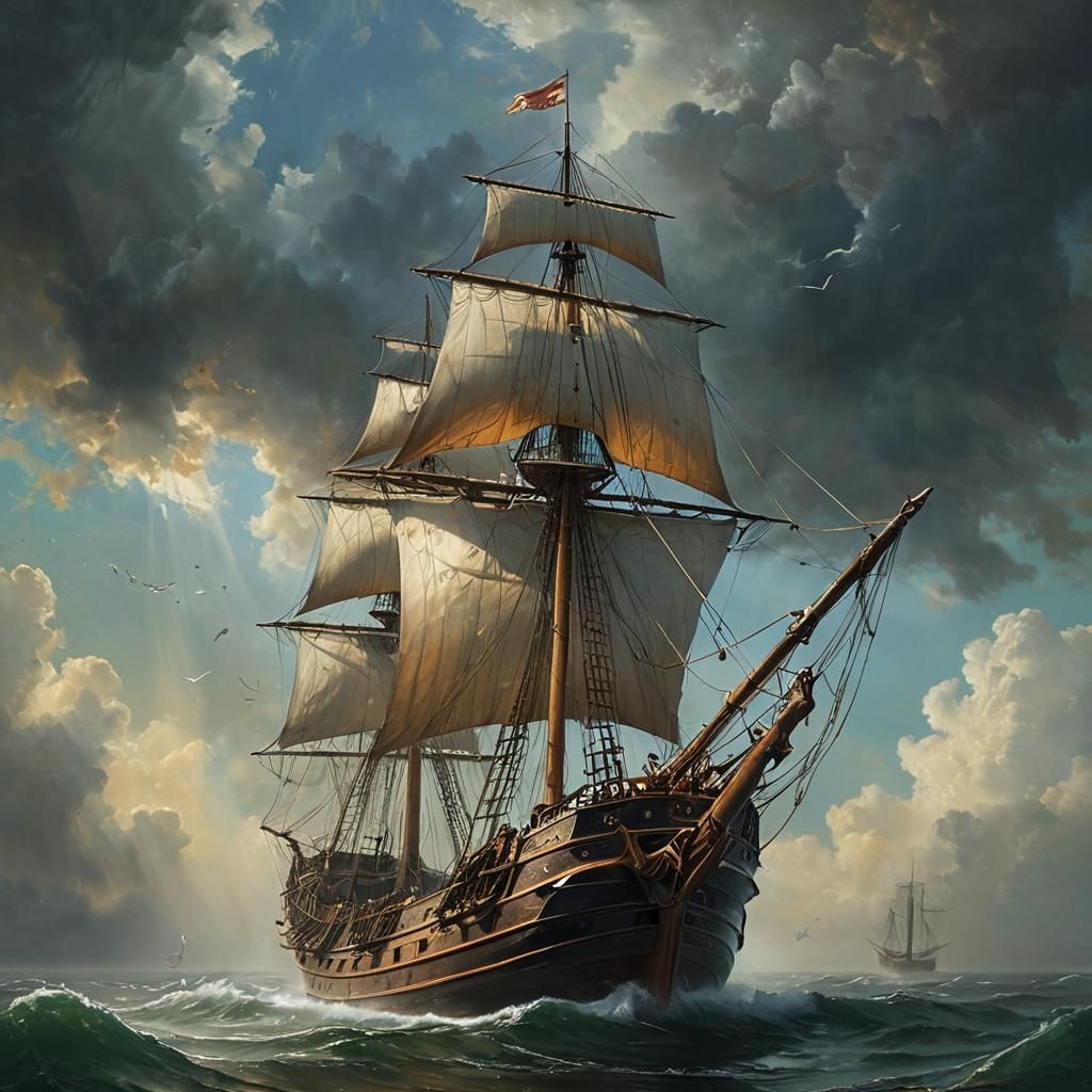 Flying Dutchman Amidst Clouds: Romanticism Nautical Painting