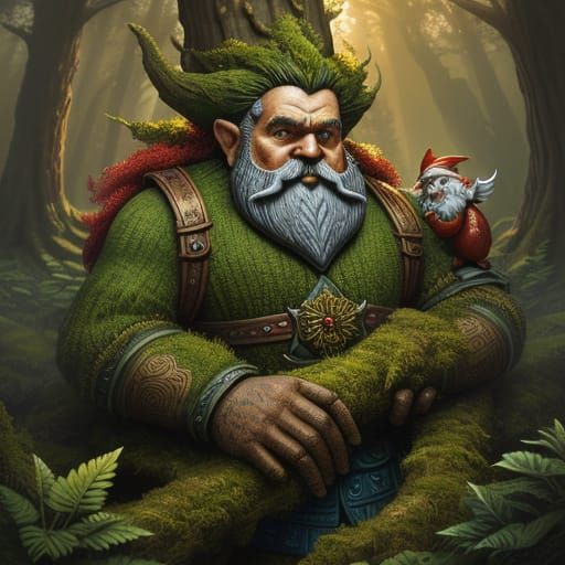 Red Gnome in Forest, Whimsical Fantasy Art