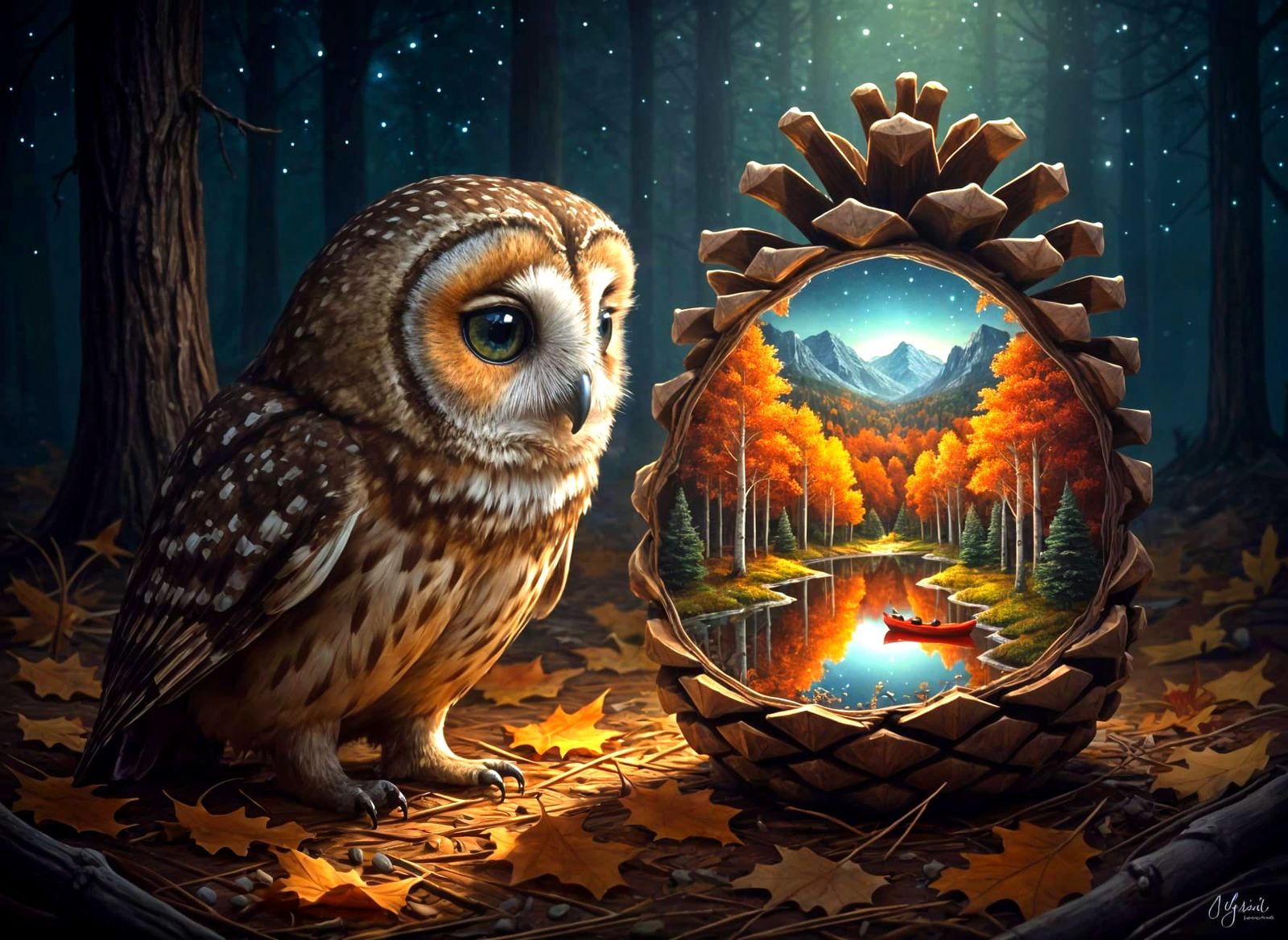 Speckled Owl Gazes Into Pinecone With Miniature Autumn World