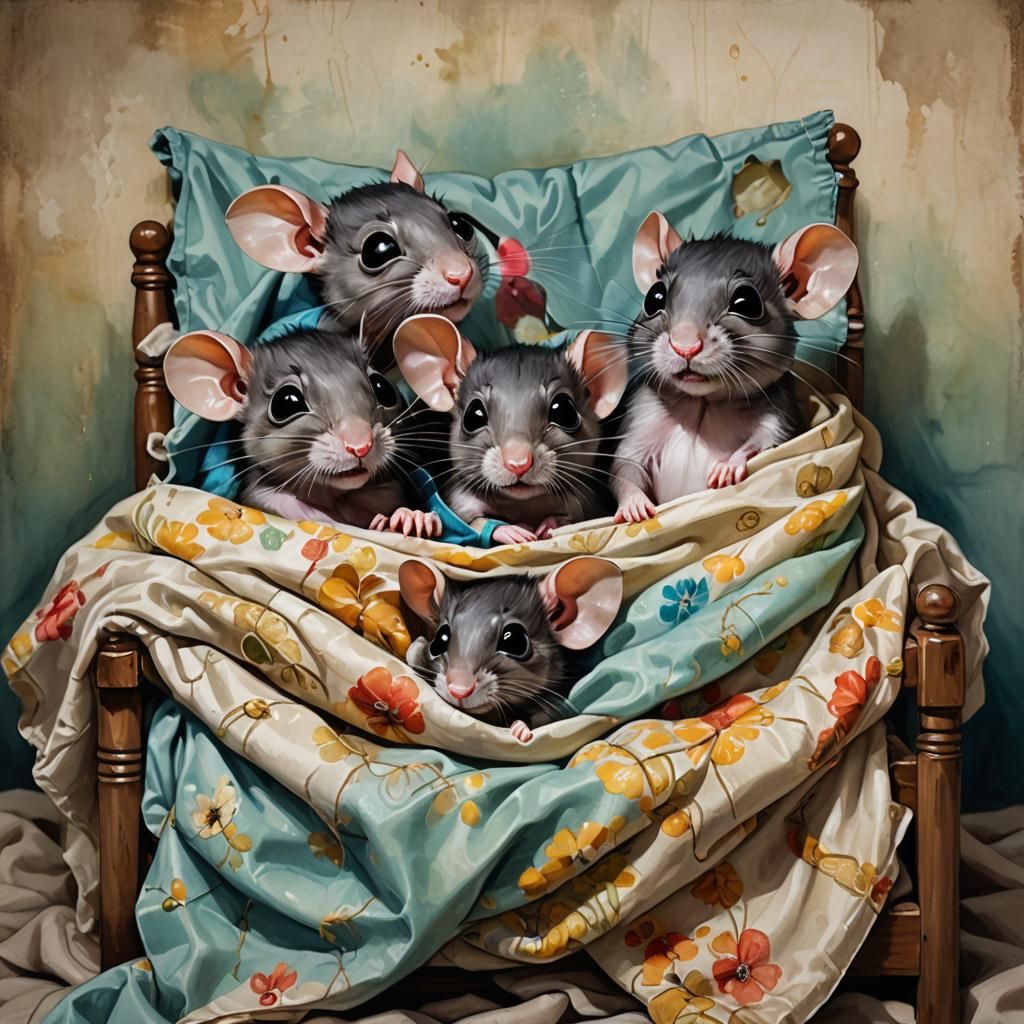 Adorable Baby Rats Snuggled in Bed: Hyperrealistic Art