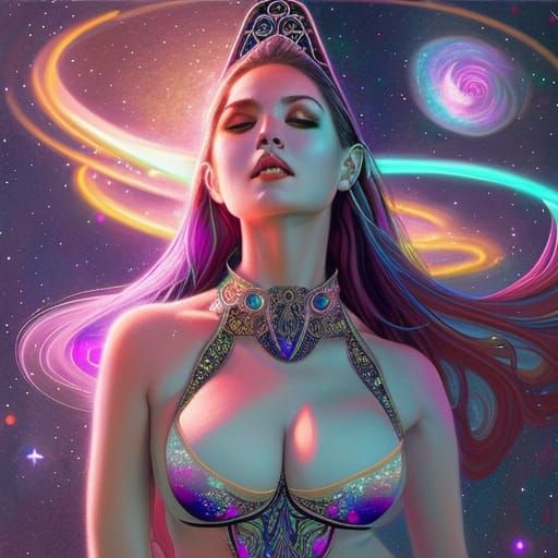 Neon Space Goddess and Floating Castle