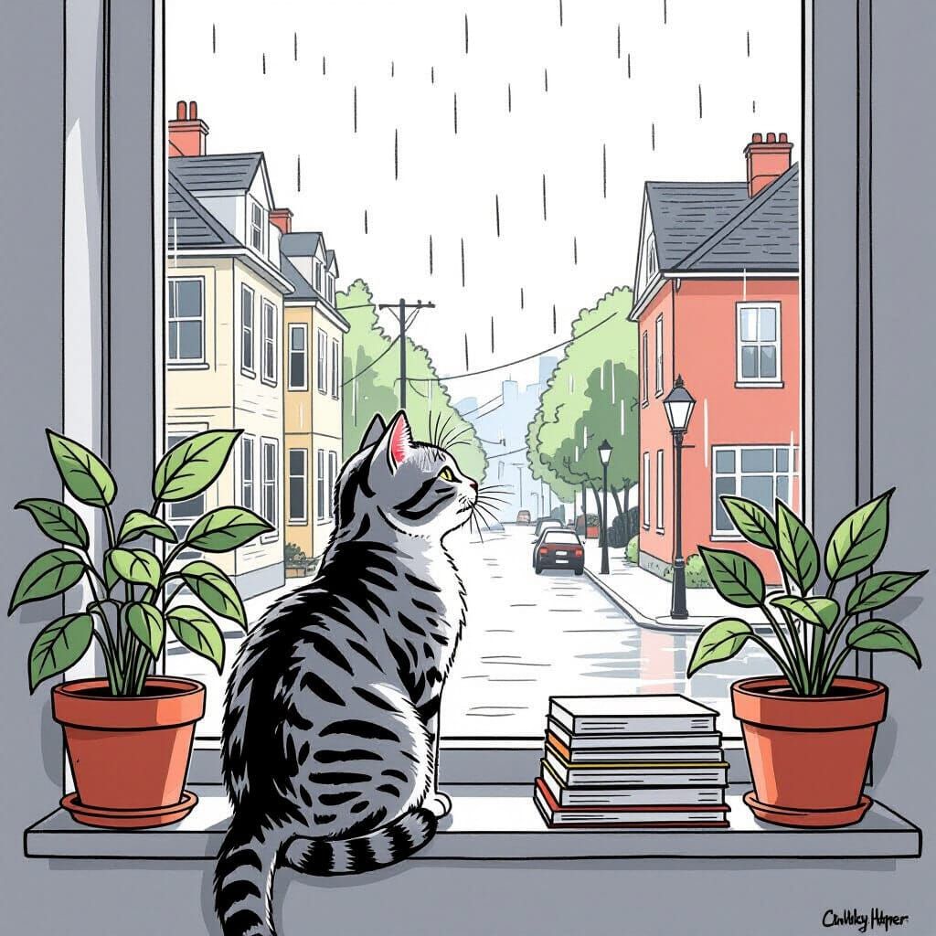 Silver Tabby Cat: Minimalist Line Art on Rainy Day