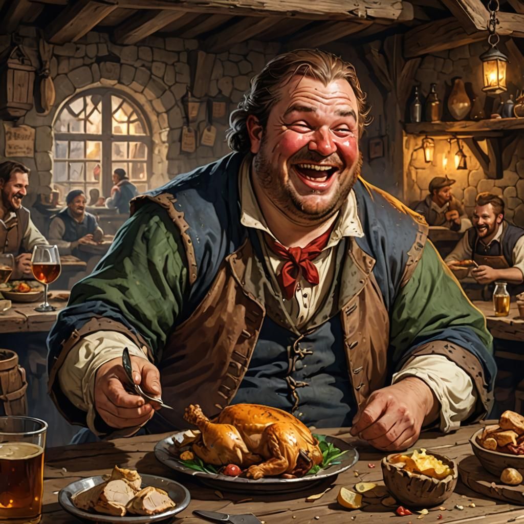 Disgusting Merchant at Medieval Tavern Laughs Wildly