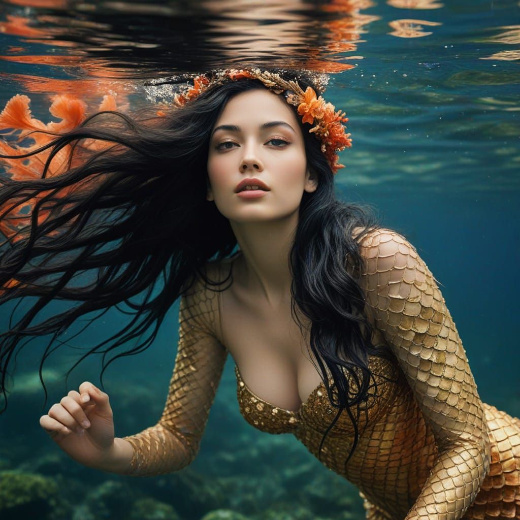 Ethereal Watercolor Mermaid in Art Nouveau Style