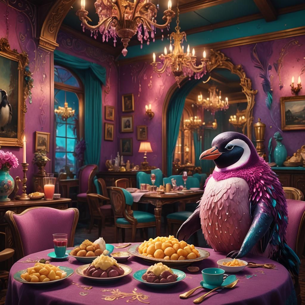 Pink Penguin's Gaudy Dining Experience: Matte Painting