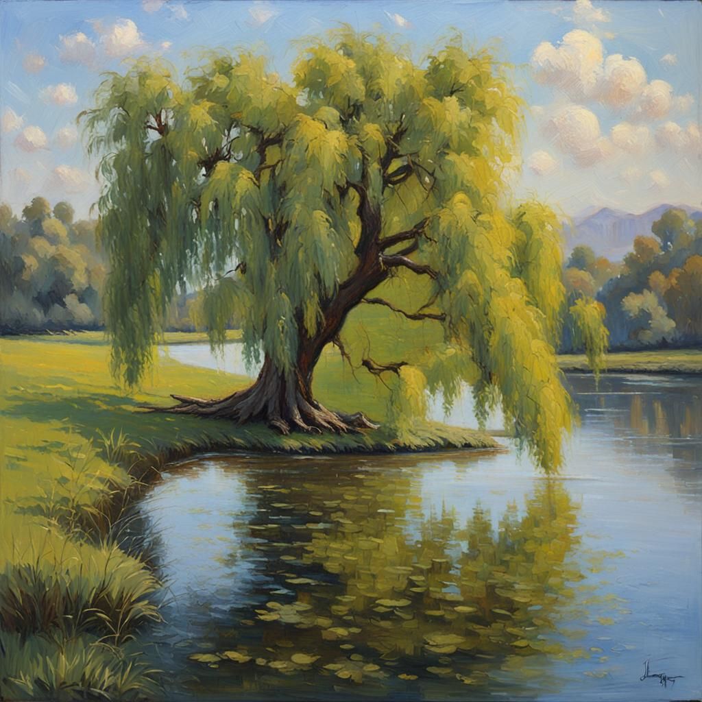 Willow Tree on River's Edge, Oil Painting