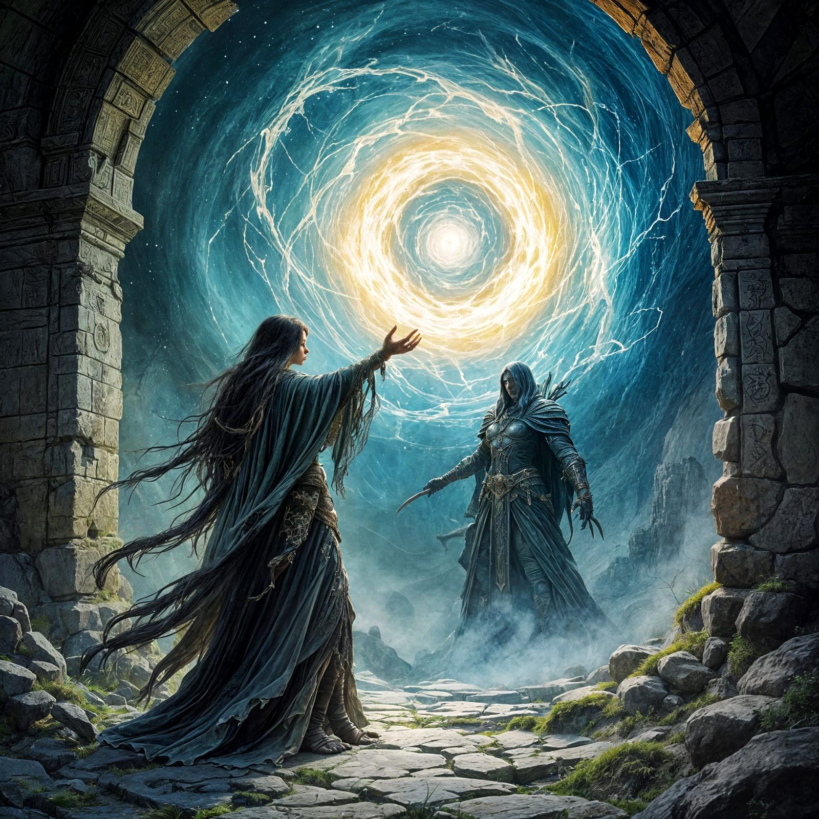 Ancient Sorceress Conjures Ethereal Warrior in Moonlit Templ...