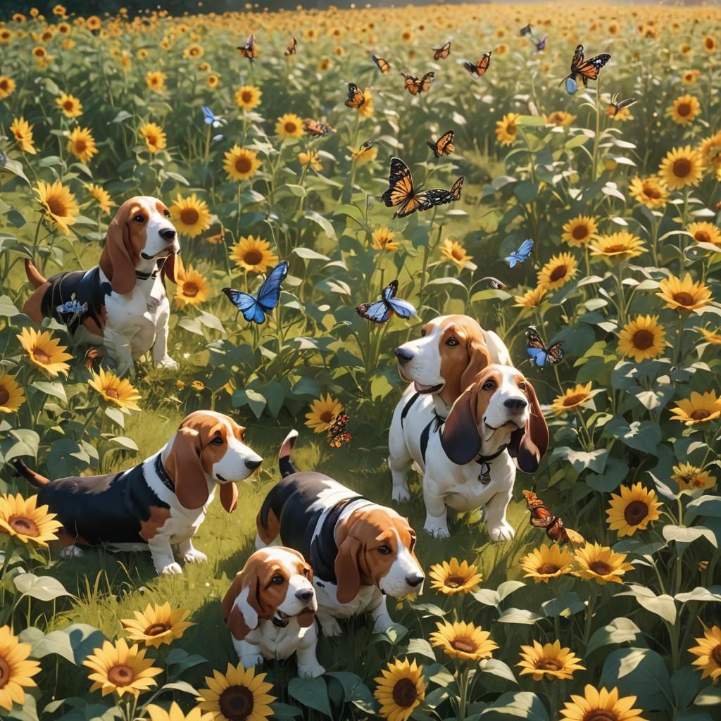 Basset Hounds Playing in Sunflower Field, Anime Style