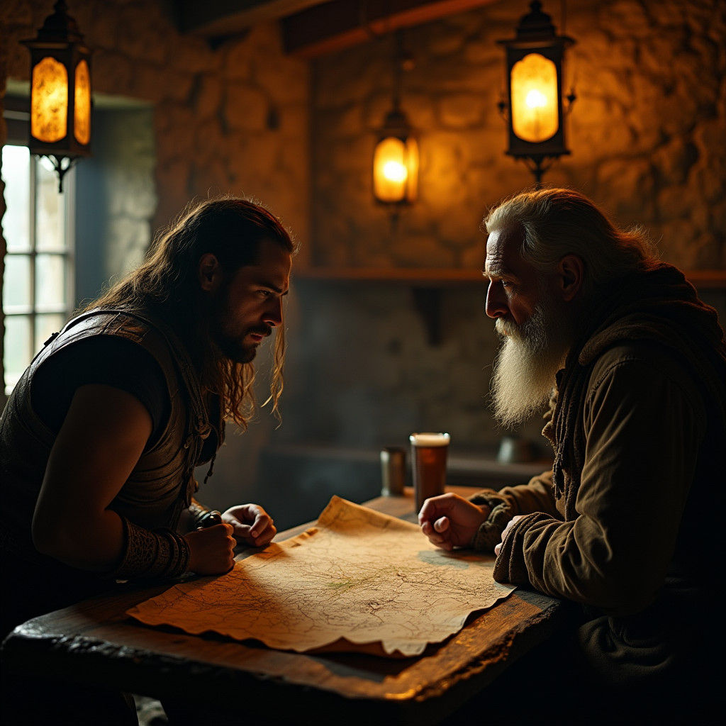Tavern Map Consultation in Cinematic Film Style