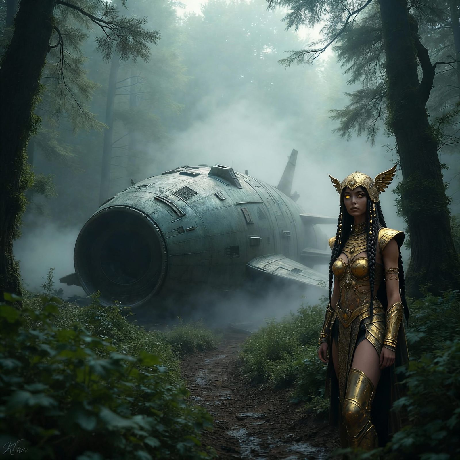 Alien Woman Merged with Enchanted Forest Landscape