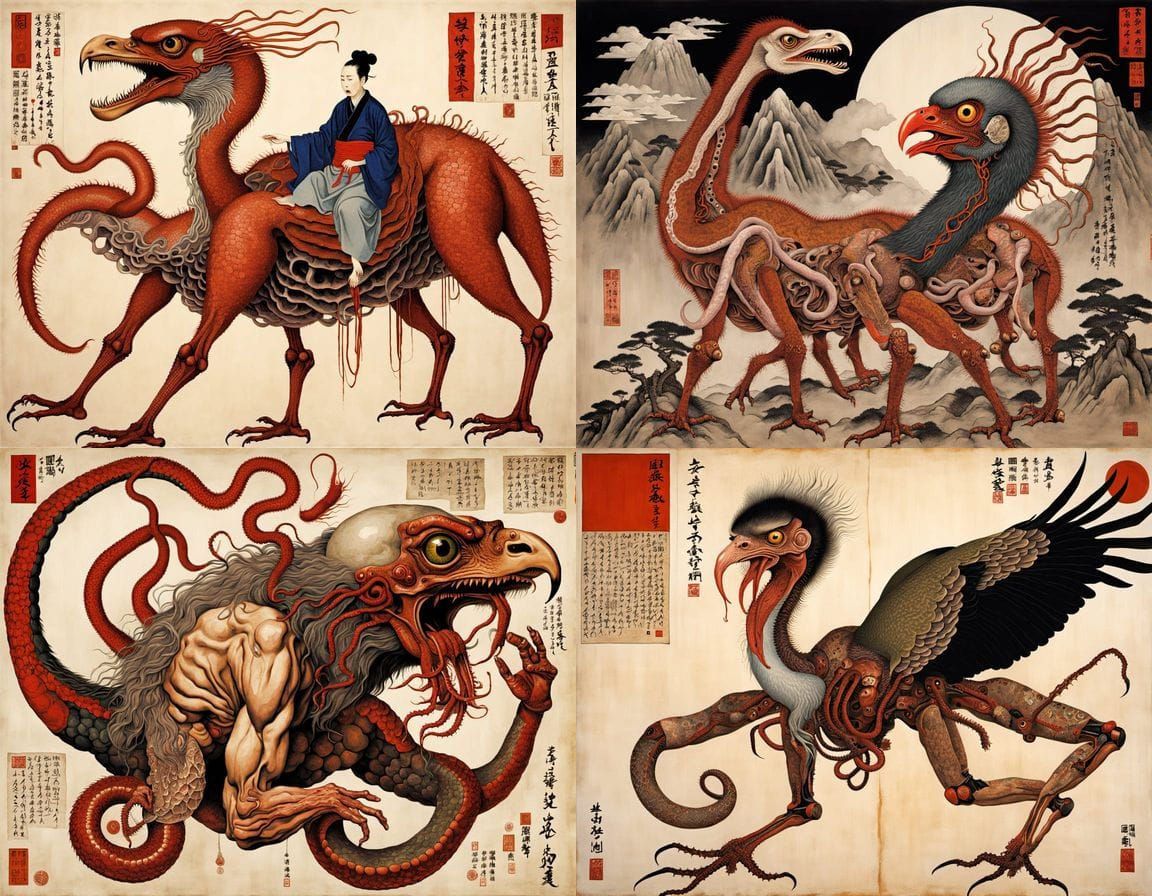 Surreal Ukiyo-e Nightmare of Mythical Creatures and Organs