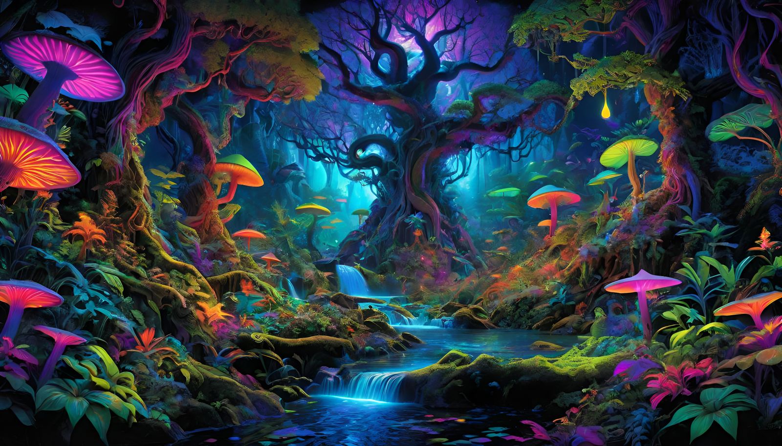 Psychedelic Blacklight Jungle with Mythical Creatures