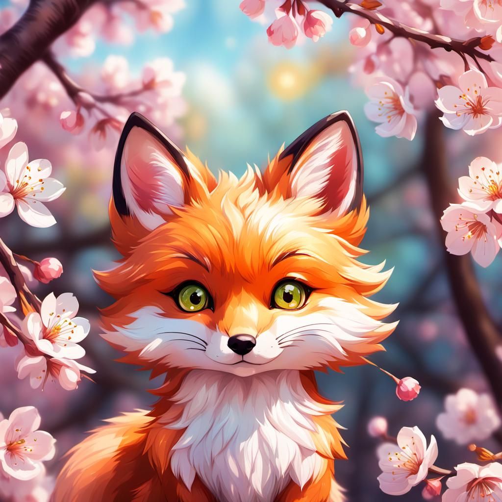 Surreal Cherry Blossom Fox in Whimsical Anime Style