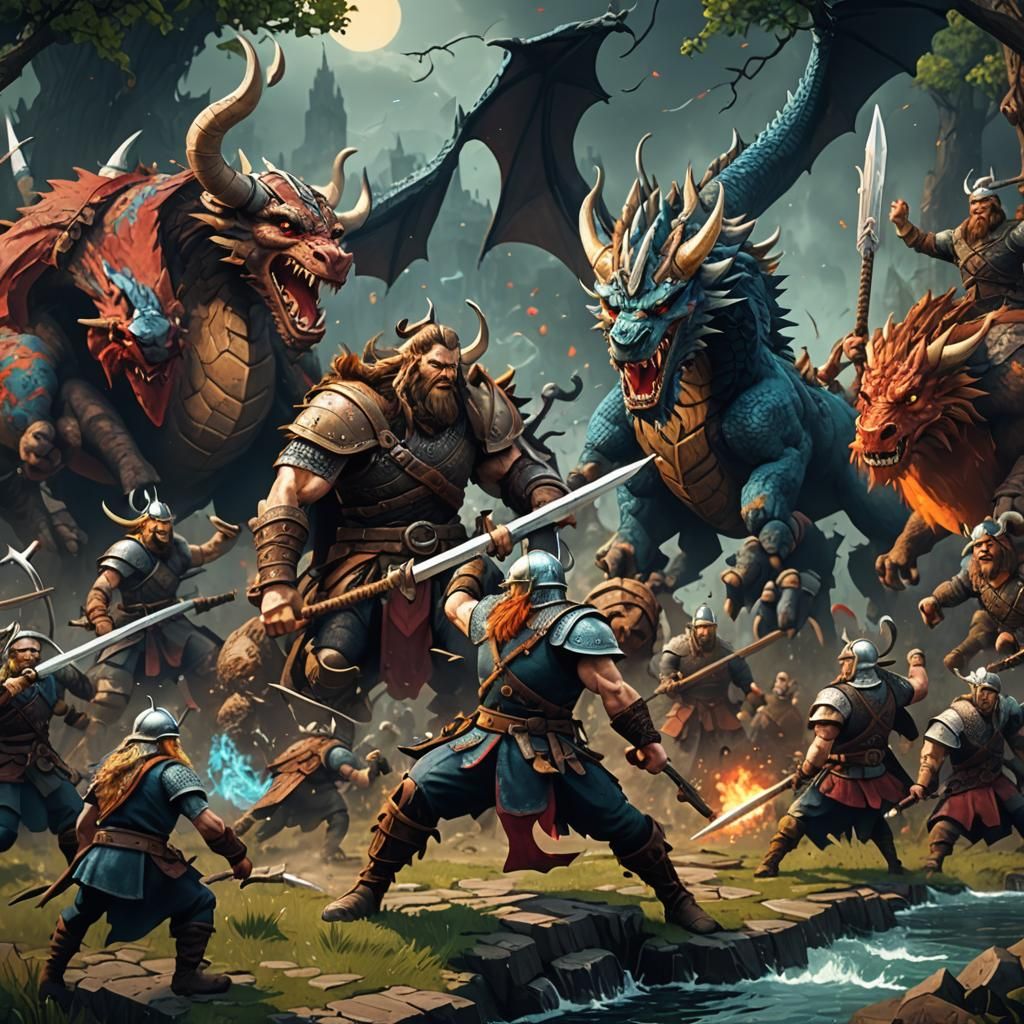 8-bit Vikings Slay Dragon: Vintage Video Game Art