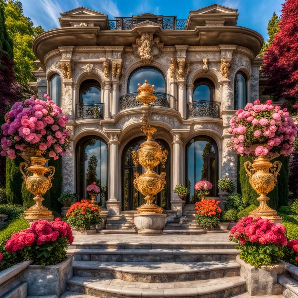 Modern Mansions with Floral Displays in Impressionistic Styl...