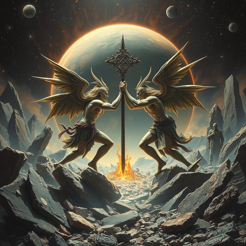 Cosmic Gods Engage in Epic Battle Amidst Shattered Planet