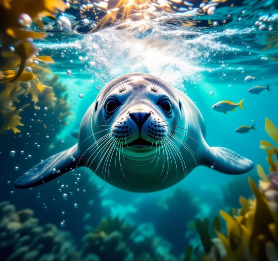 Hyperdetailed Seal Swims Through Kelp Forest