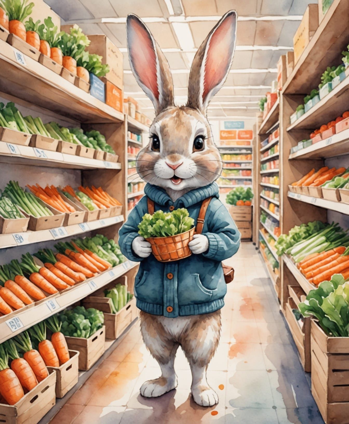 Friendly Bunny Shops for Carrots in a Charming Grocery Store